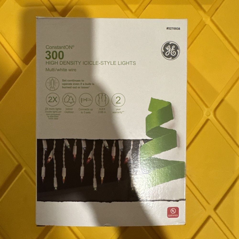 GE ConstantOn 300 Count High Density Icicle Style Clear‎ on White wire Lights
